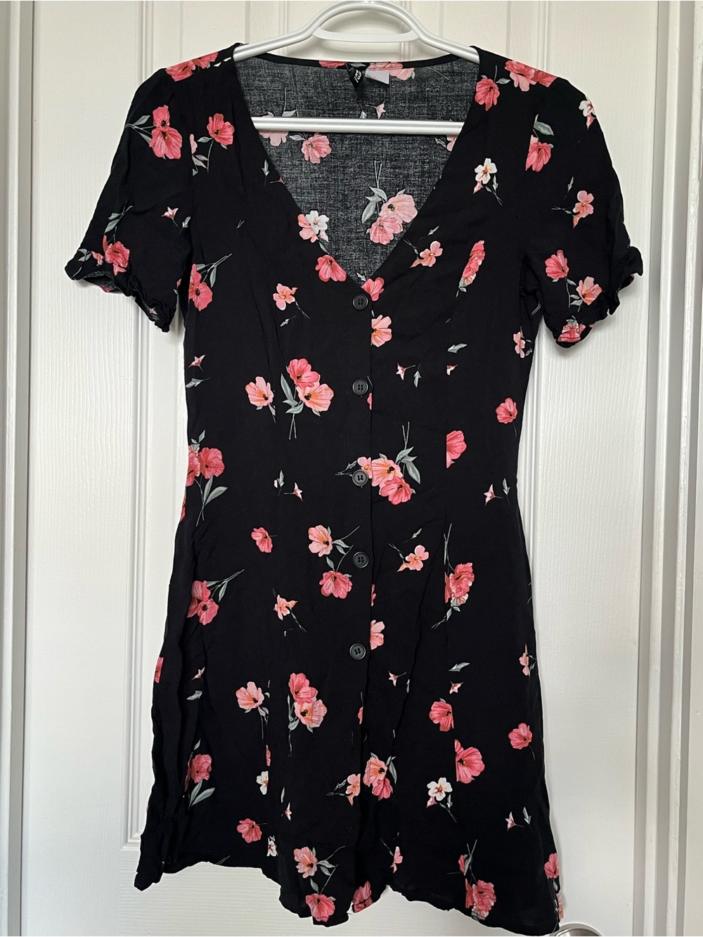 H&M Divided Romantic Black V-neck Mini Dress Pink Floral Print